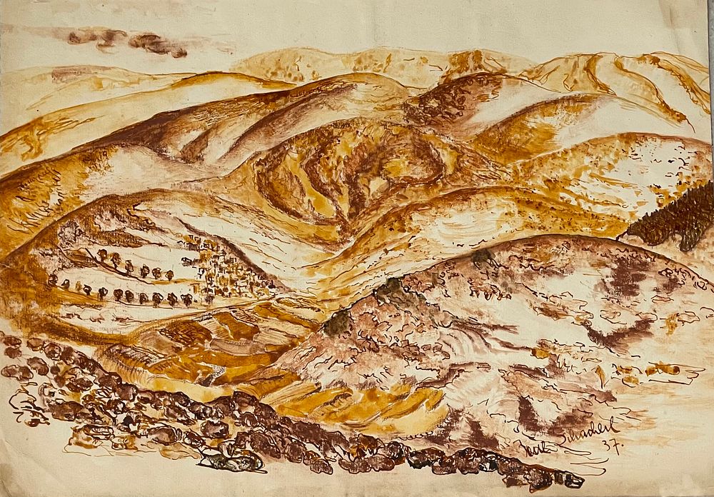 Jane Hillman-Schacherl - Judean Mountains. Watercolor on paper הרי יהודה35X25, signed Jana 