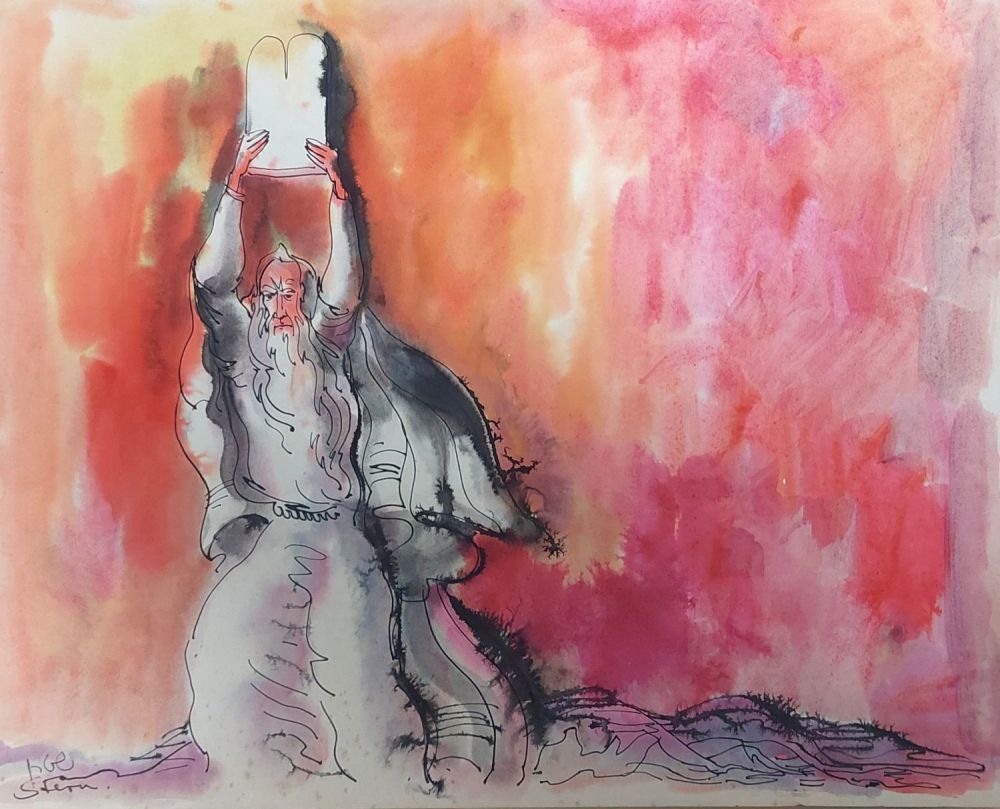 Yossi Stern (1923-1992) - Moses and the Tablets of the Covenant. Watercolor 50X40 signed