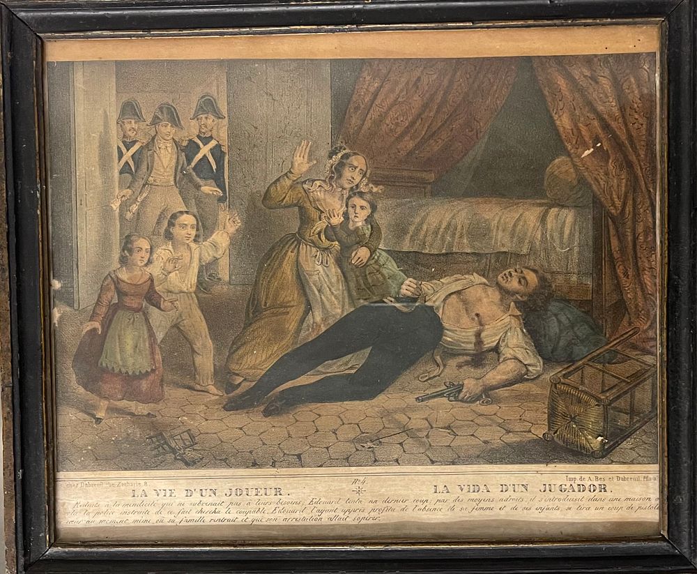 Unidentified artist - La Vie d'un Joueur. Antique lithograph 29X24 framed