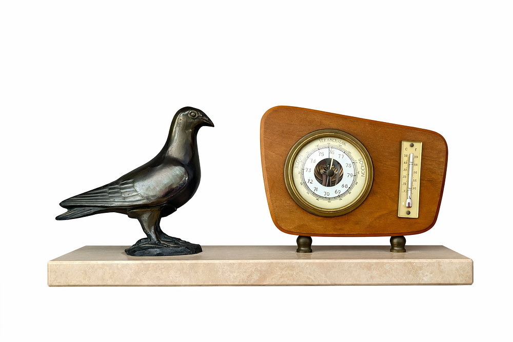 Barometer and temperature gauge with a bronze dove on a marble base, length 35 cm, height 16 cm