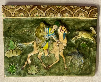 Ancient Qajar ceramic tile (Persia, 19th century) – royal hunting scene. An impressive 34X25 