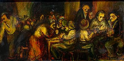 Zvi Malnovizer b. 1945 - Characters in a cafe. Oil on wood 24X12 signed and framed