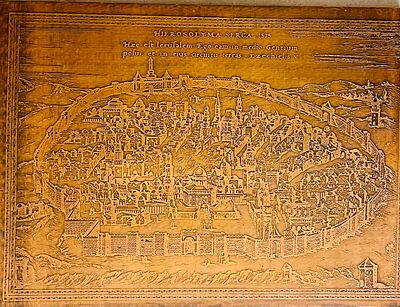 Copper relief based on an ancient map of Jerusalem from 1575, attached to a board, dimensions: 