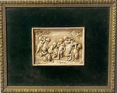 Baroque alabaster relief: "Bacchanalia of Poti with a Goat" (after Fran&ccedil;ois Dicanois) framed