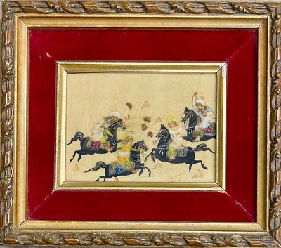 Unidentified artist - Persian miniature on organic material 12X10 handmade framed