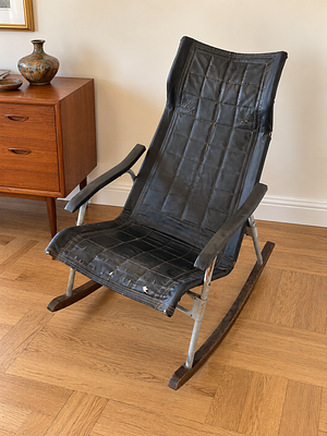 Takeshi Nii - Mid-Century Modern Black Leather Rocking Chair by Takeshi Nii, 1960s