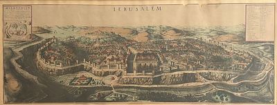 A large panorama of Jerusalem. A color lithographic map, likely from the 19th century, based on 