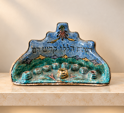 חנוכיית קרמיקה פרסית עם כיתוב "הנרות הללו קדש הם"