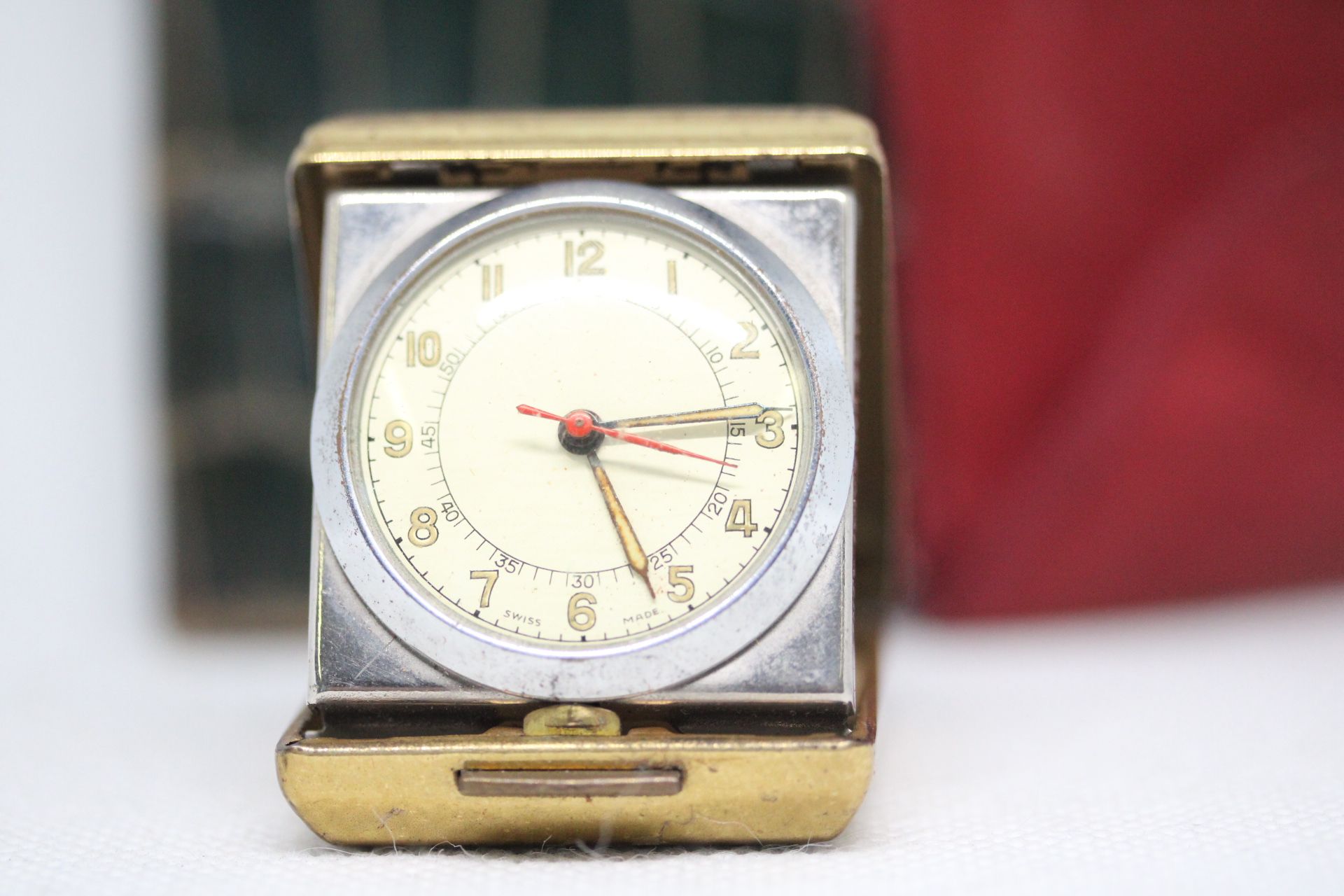 Vintage Pop-Up Travel Clock Along with Crocodile Skin Wallet with Hallmarked Sterling Silver Corners, Makers Mark F.T.