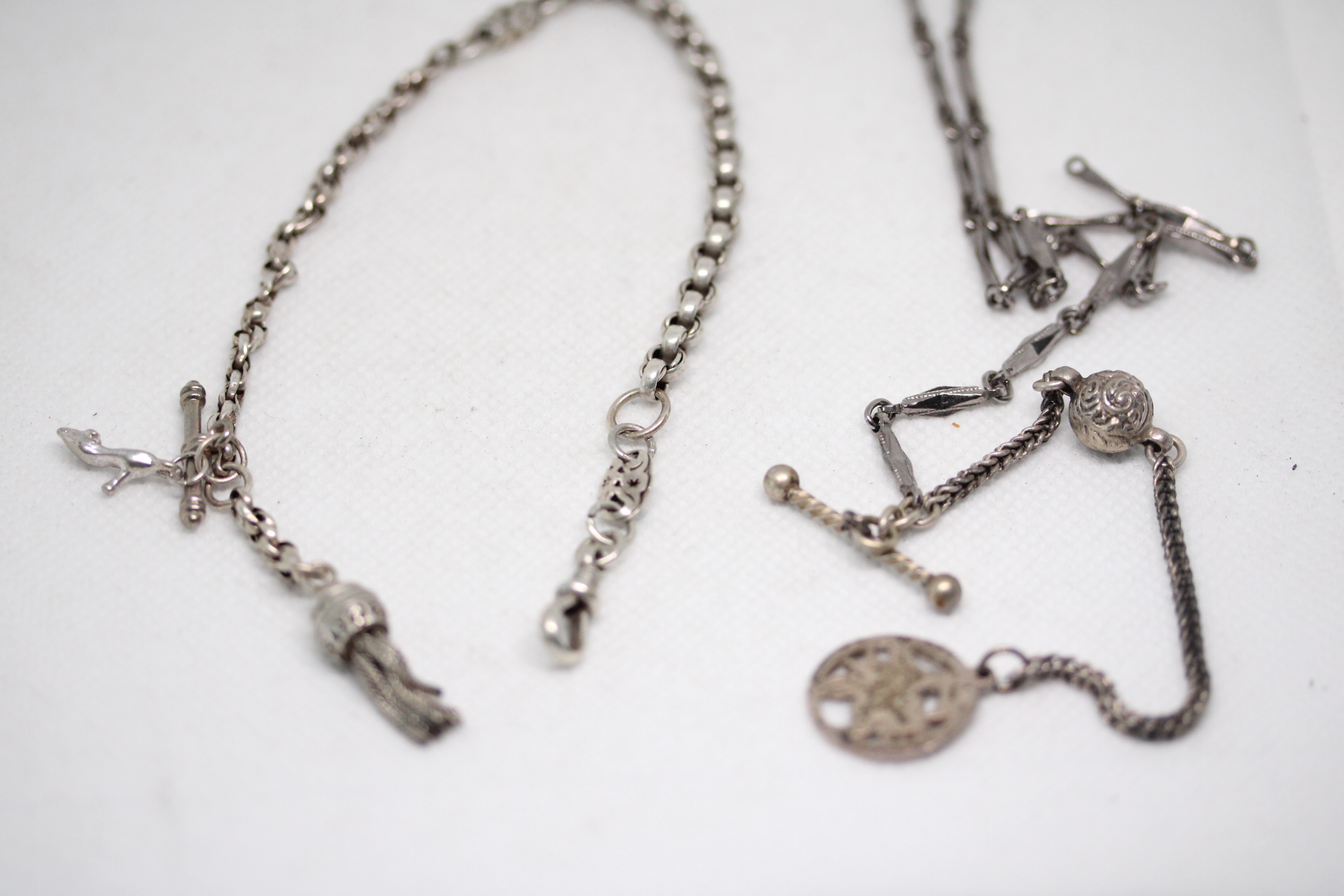 White metal half albert with t bar together with hwite metal albert chain with t bar & fob Weight 31g