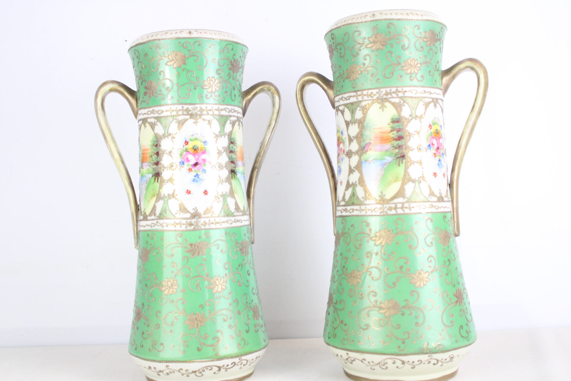 A Pair of Kinjo Hand-Painted Porcelain Nippon Vases