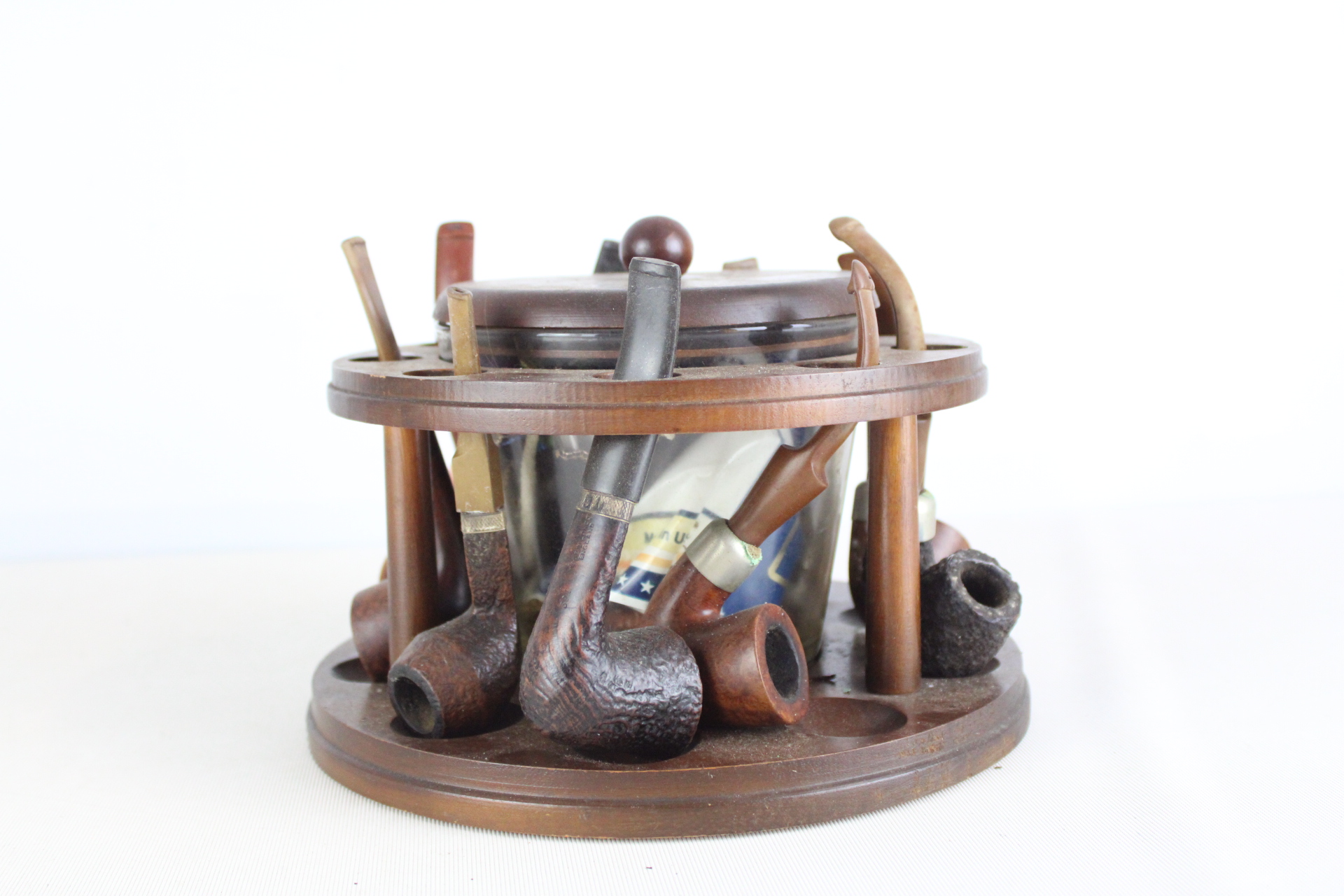 A Collection of Vintage Smoking Pipes with Revolving Wooden Stand and Parker of London Humidor