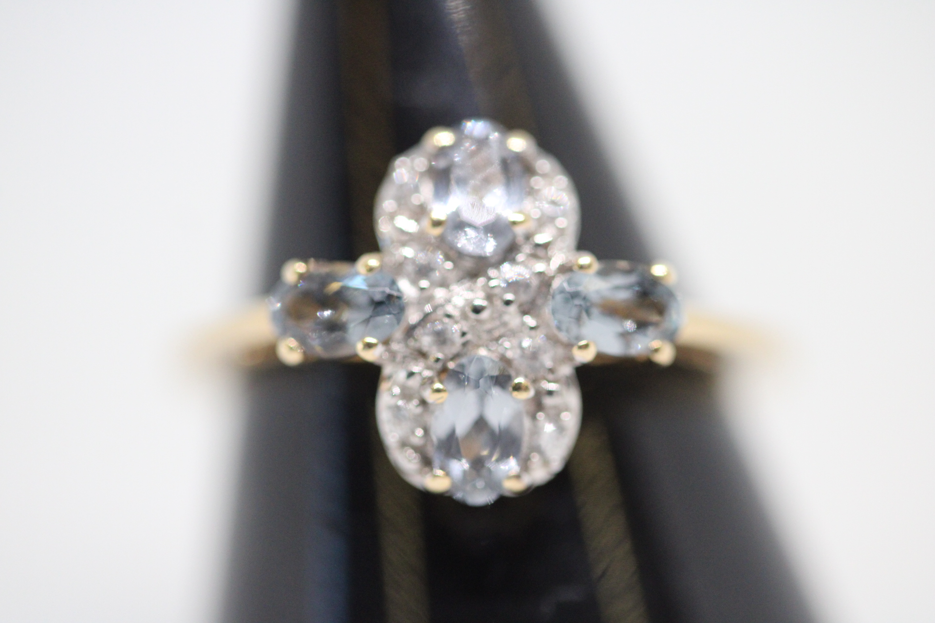 10ct Gold ring set with small diamonds & blue stones Weight 2g Size O