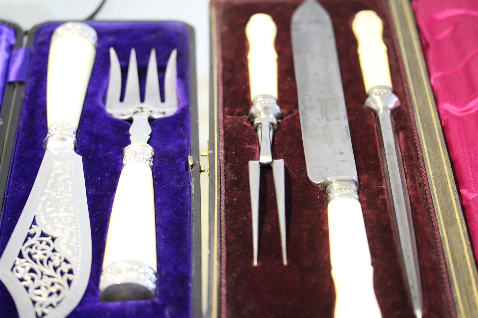 Cased fish serving set together with meat carving set cased