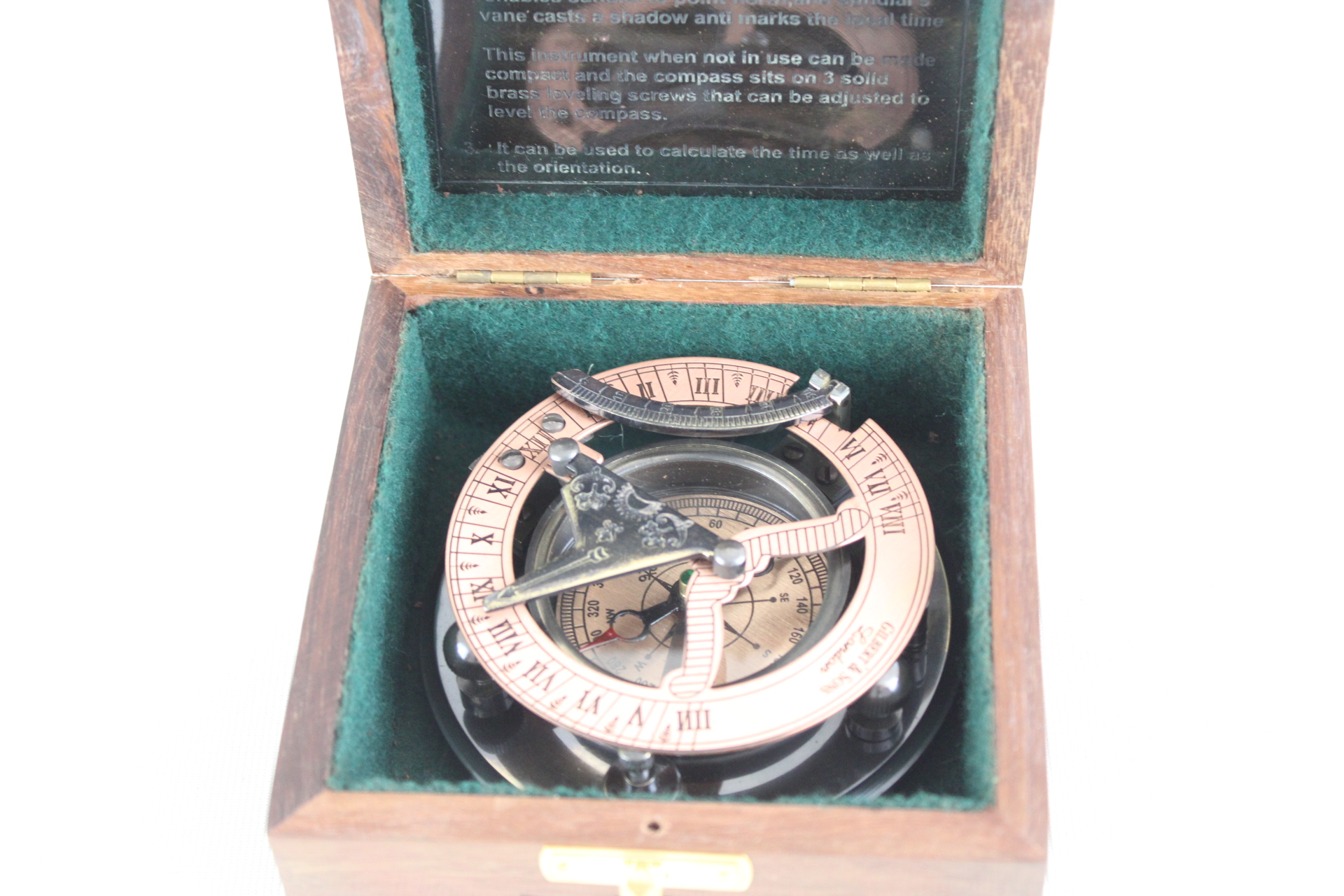 Boxed brass sundial compass