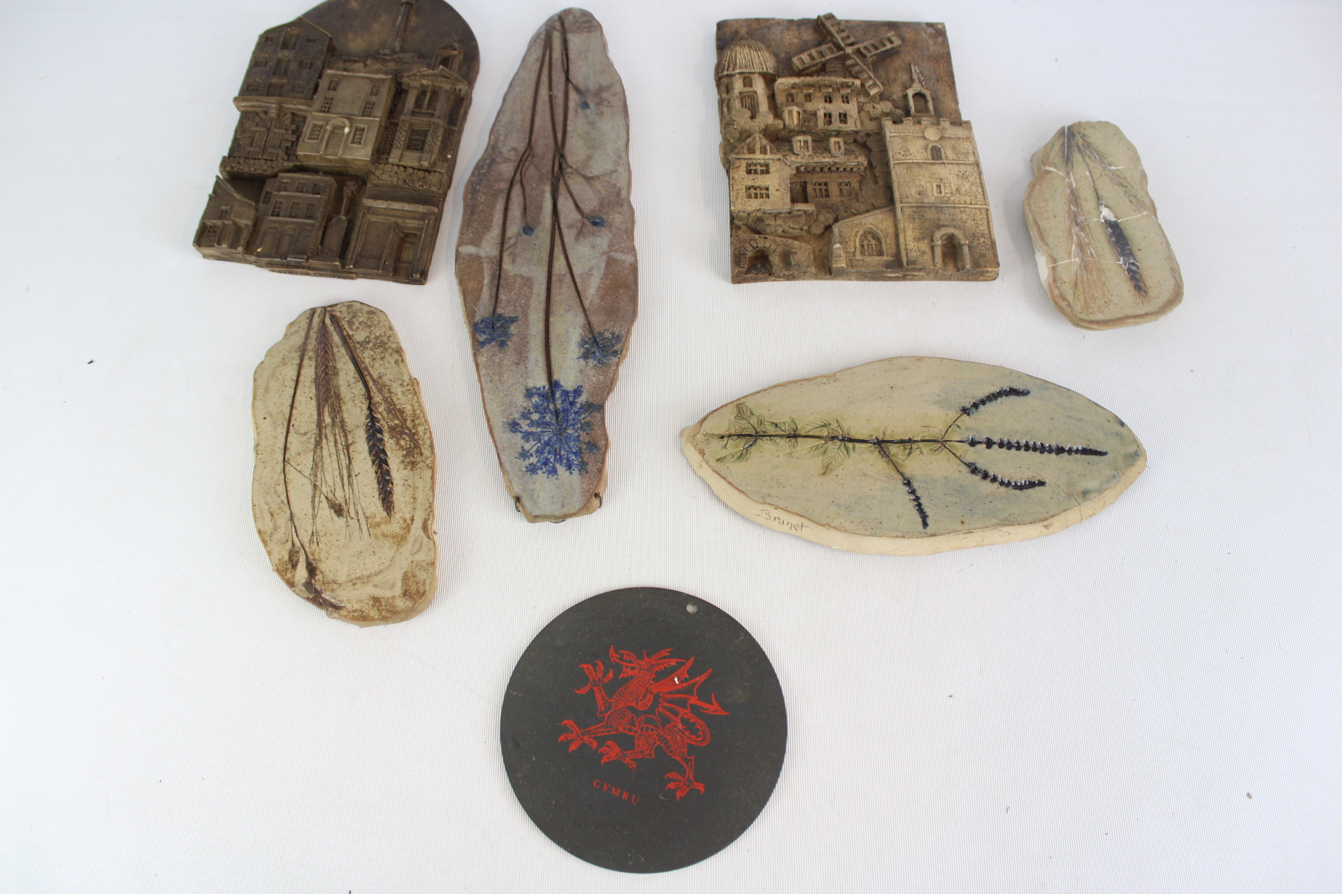A Collection of Ceramic and Slate Wall Plaques Including Botanical Pieces by Brunet