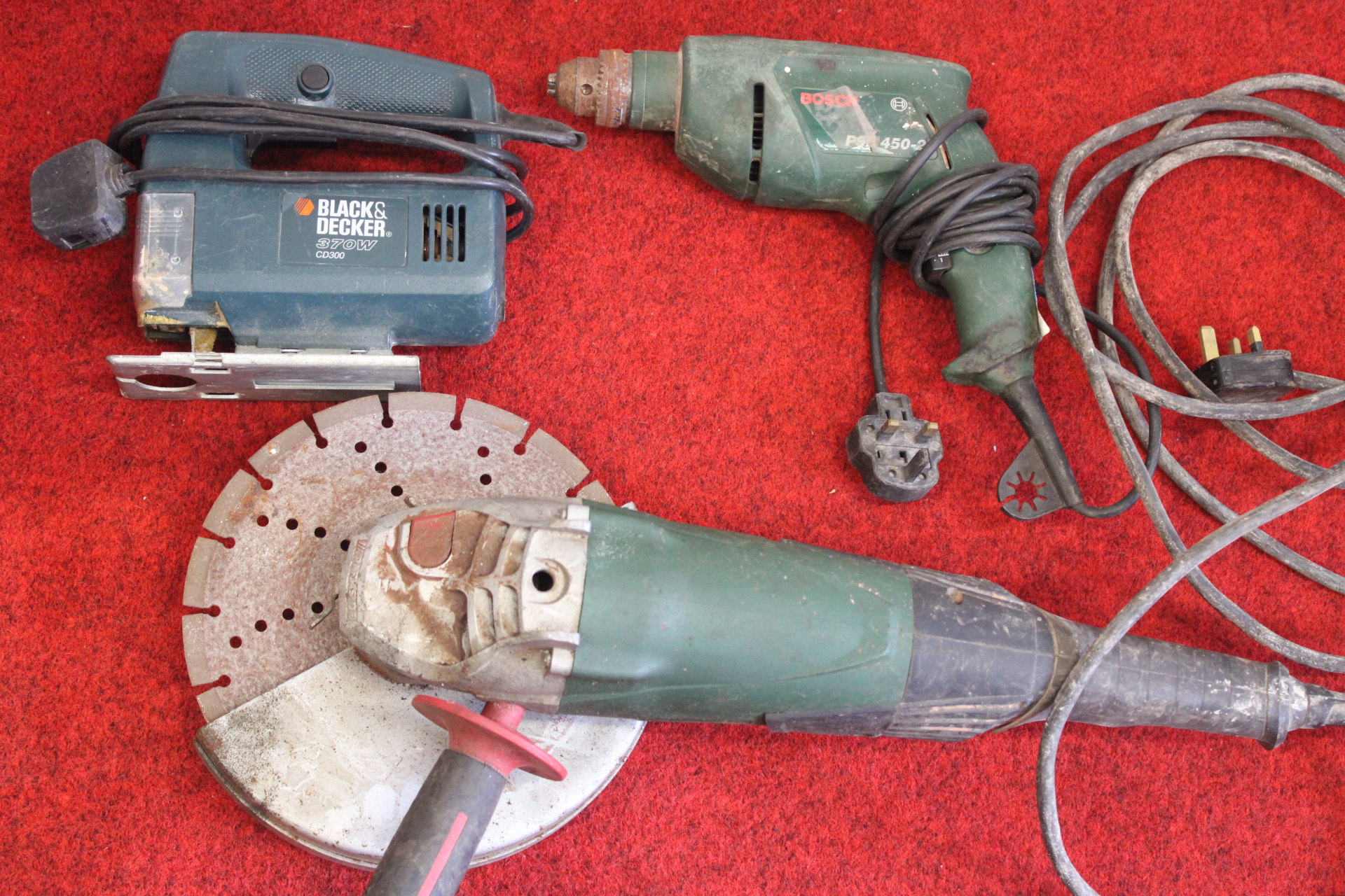 Three Corded Power Tools Including Black & Decker Jigsaw and Bosch Hammer Drill