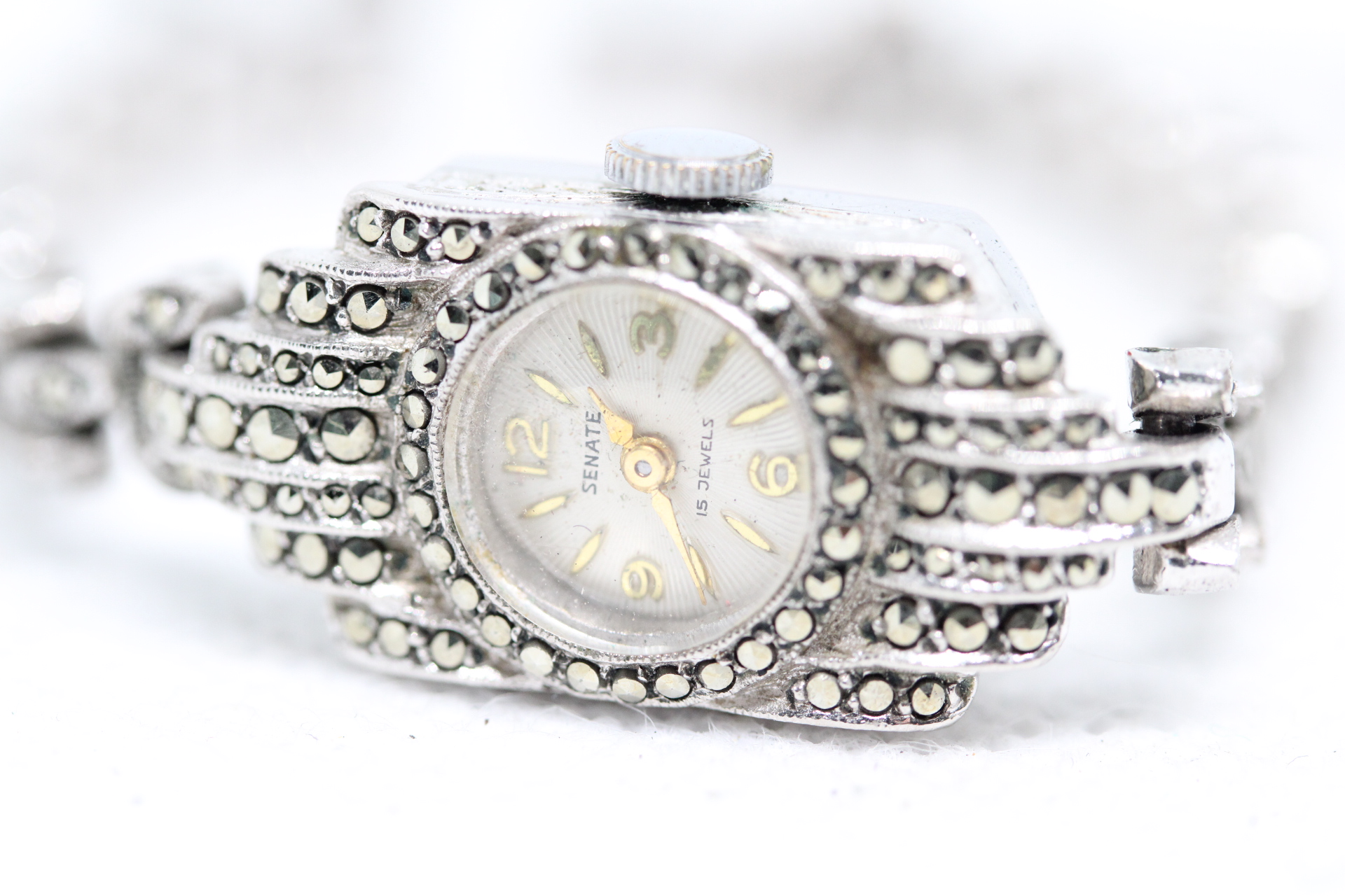 Ladies Vintage White Metal and Marcasite Swiss Made Senate Mechanical Cocktail Watch.