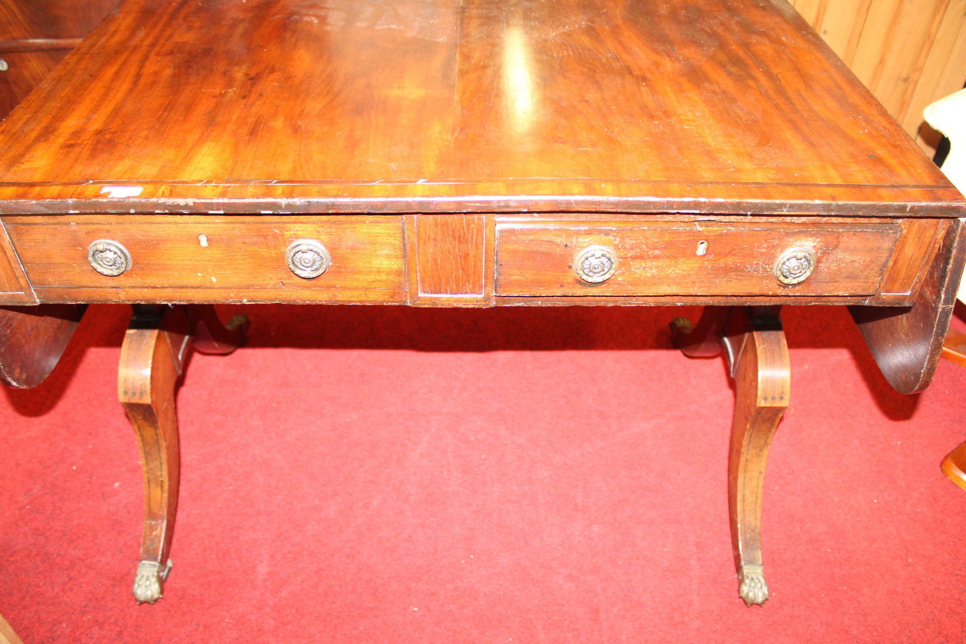 Regency Mahogany Sofa Table with Brass Lions Paw Casters