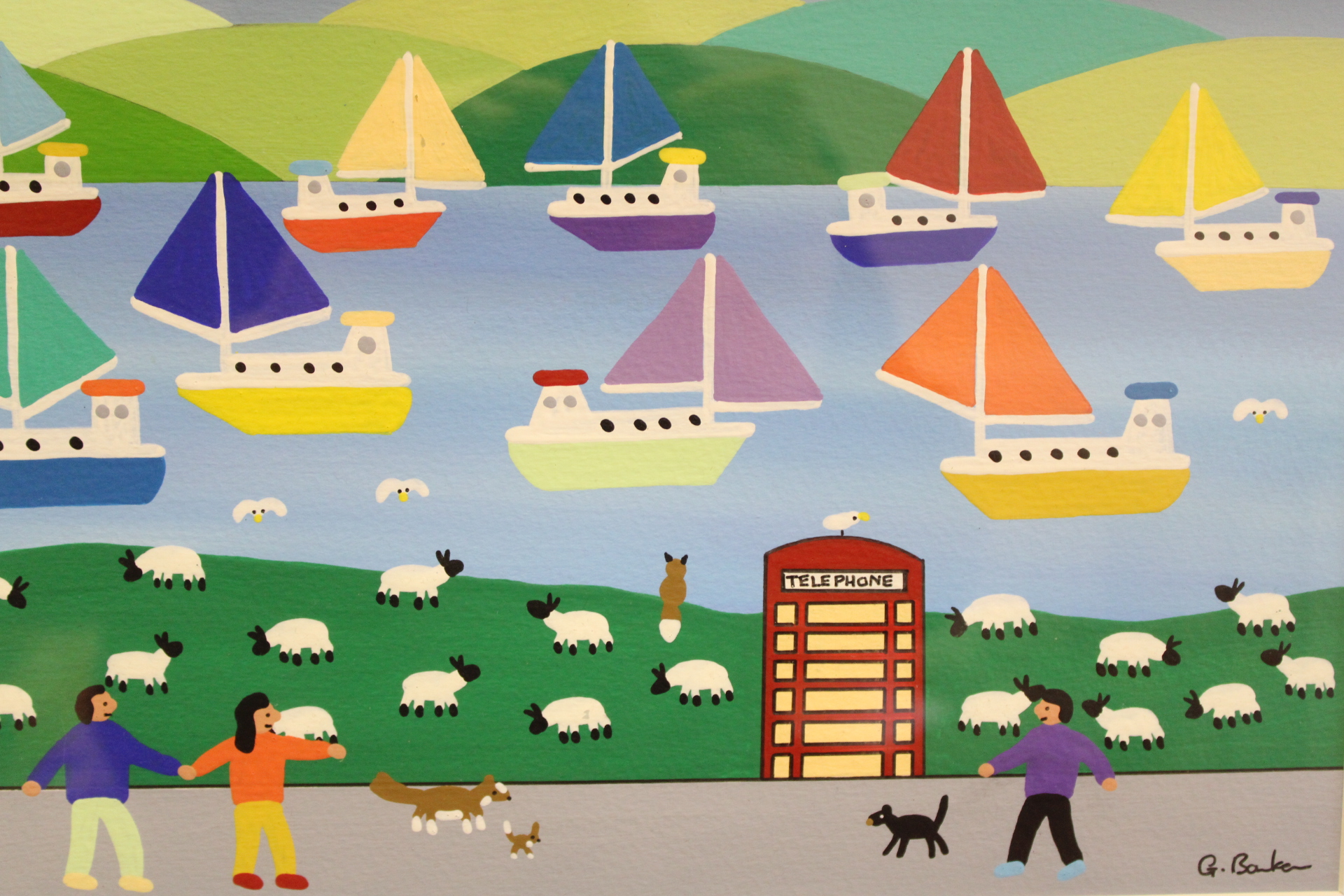 Gordon Barker, Walking the Dogs on the Coastal Path, Acrylic on Paper