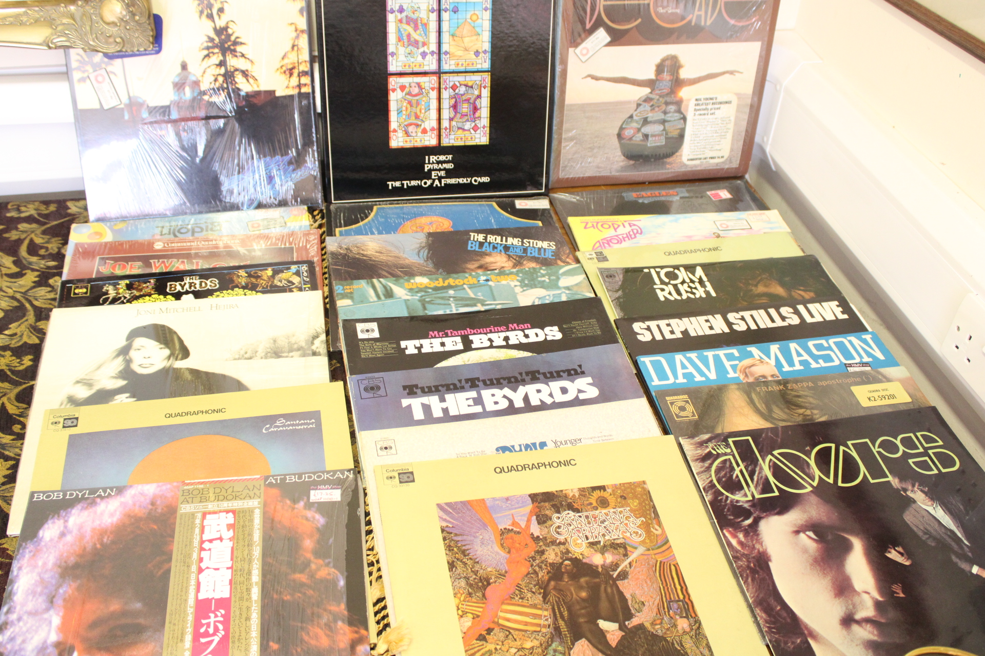 A Collection of Classic Rock and Folk Rock Vinyl LP Records Including Quadraphonic Pressings and Japanese Import