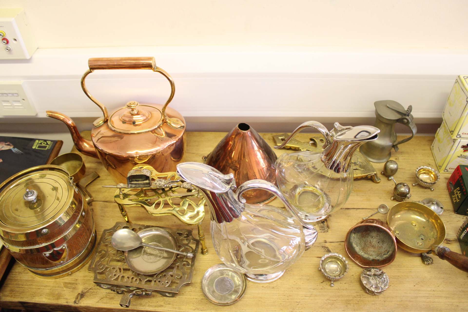 An Assortment of Antique and Vintage Copper, Brass, Pewter, and Silver-Plated Metalware including Optic Glass Decanters