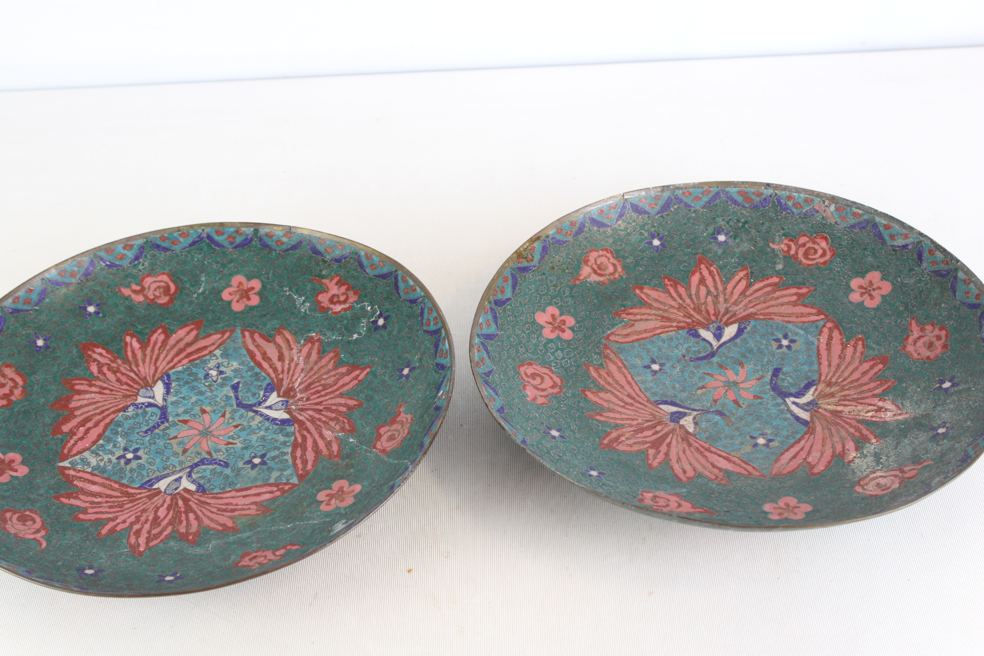 A Pair of Chinese or Japanese Cloisonne Enamel Bronze Dishes