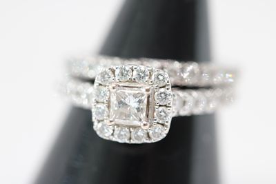 14 Karat and 18 Karat White Gold and Diamond Bridal Set Total Weight 5.8g Size J. A diamond 