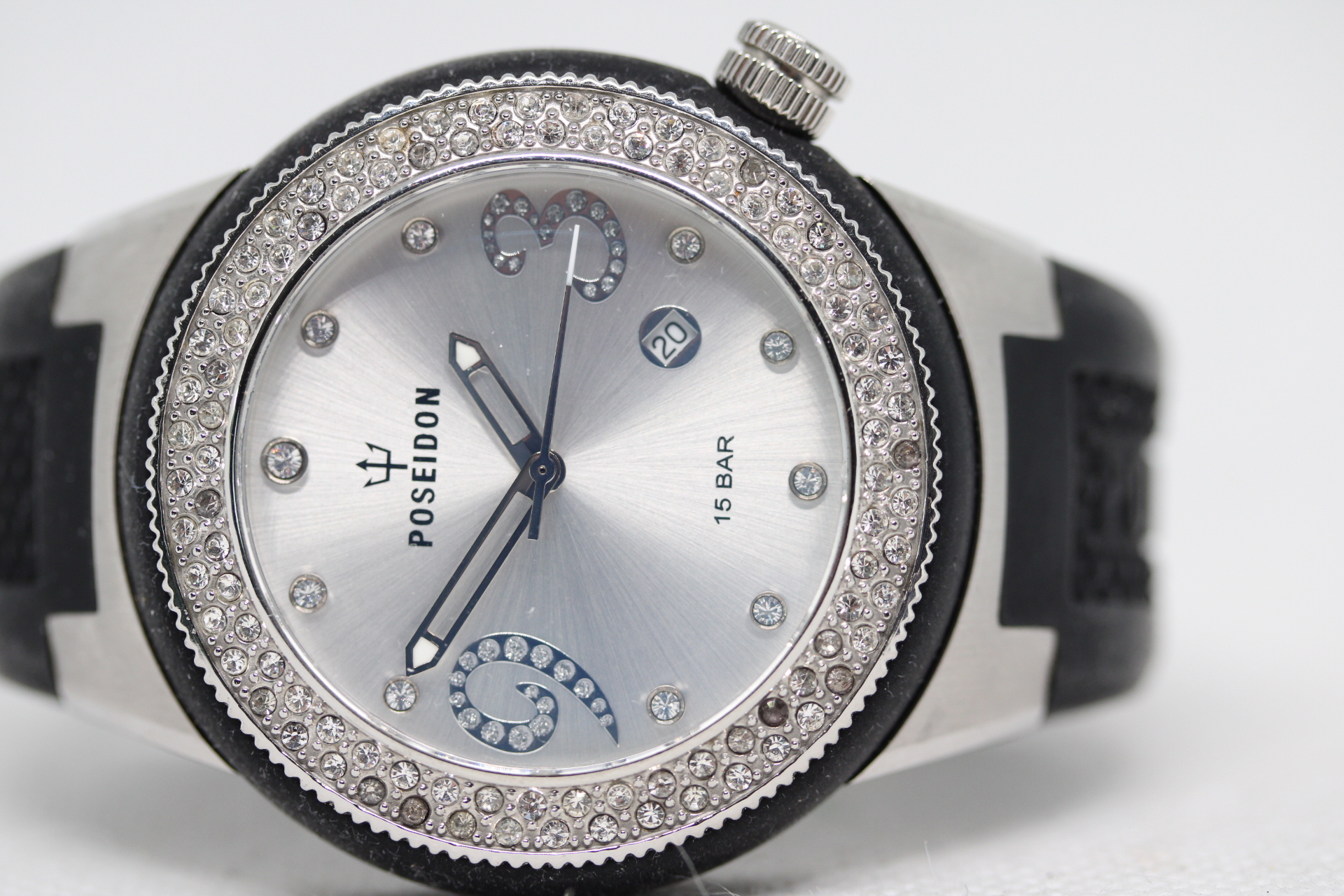 Ladies Poseidon Quartz Watch with Date, Screw in Crown, Gemmed Bezel and Hour Markers Rated to 15 Bars.