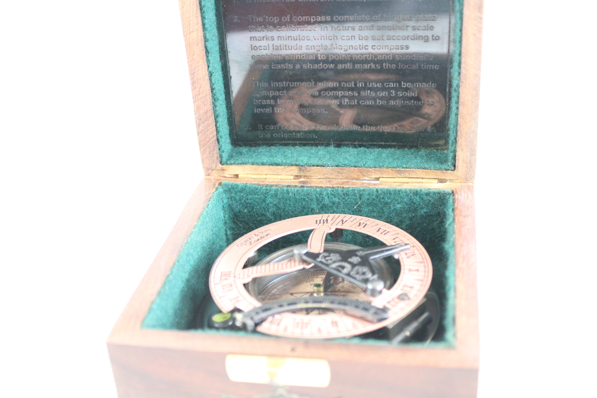 Boxed brass sundial compass