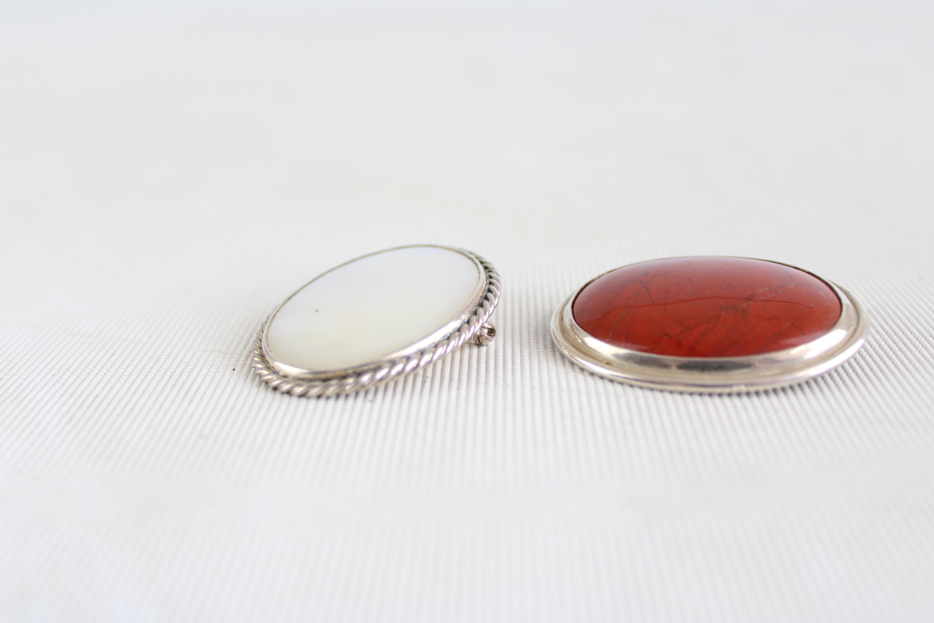 2 Silver brooches 1 mother of pearl 1 red jasper birmmingham hallmark