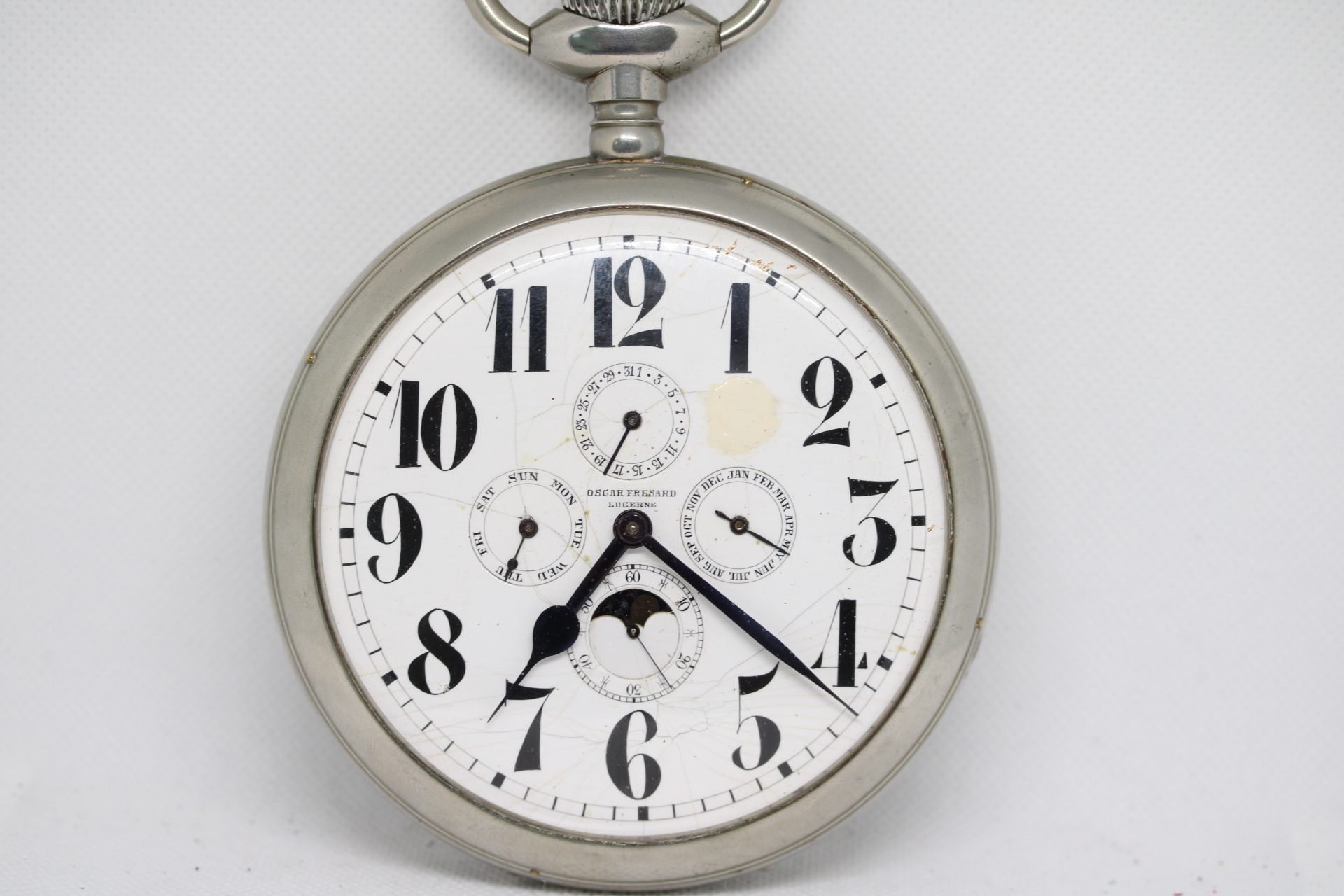 Oscar Fresard lucerne oversize pocket watch with moon phase. Diameter to the crown 13 cm