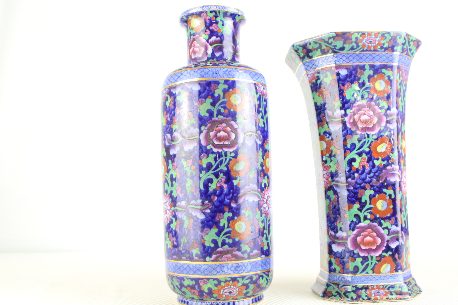 A Pair of Booths Jacobean Pattern Silicon China Vases