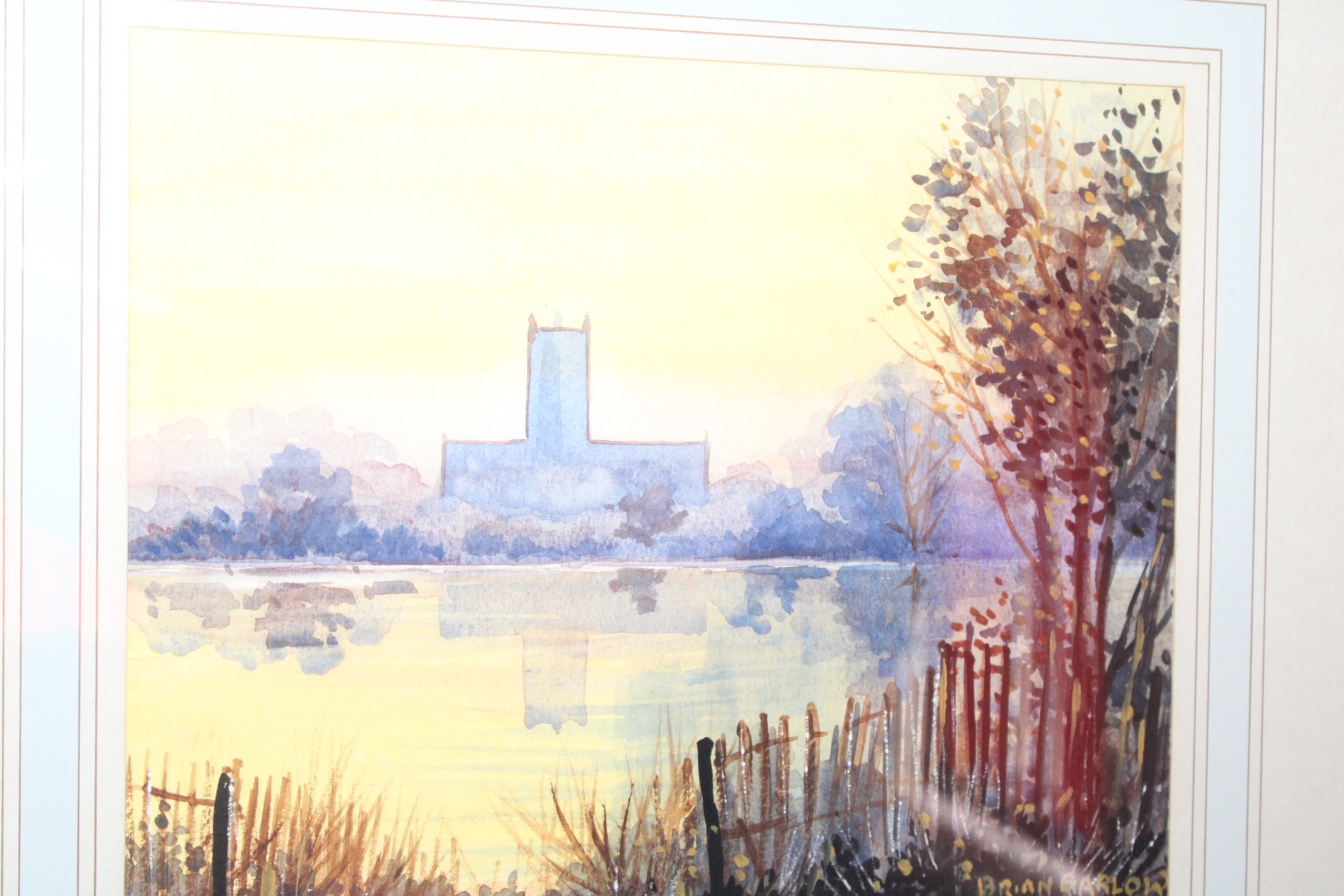 Brian Barlow, Watercolor Landscape with Building and Lake