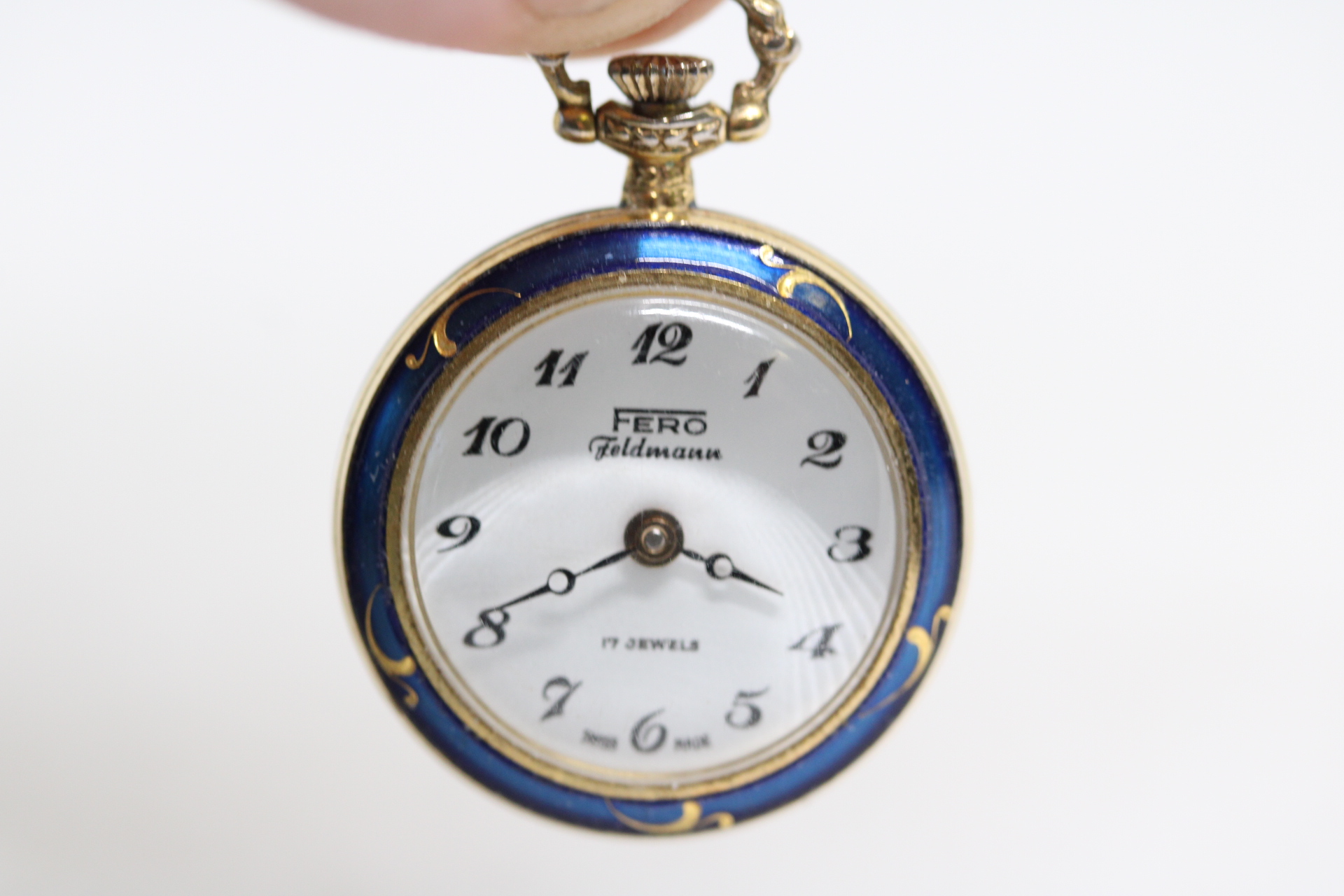 Beautiful Ladies Fero Feldmann Swiss Made Pendant / Gold Plate and Blue Enamel Mechanical Watch.