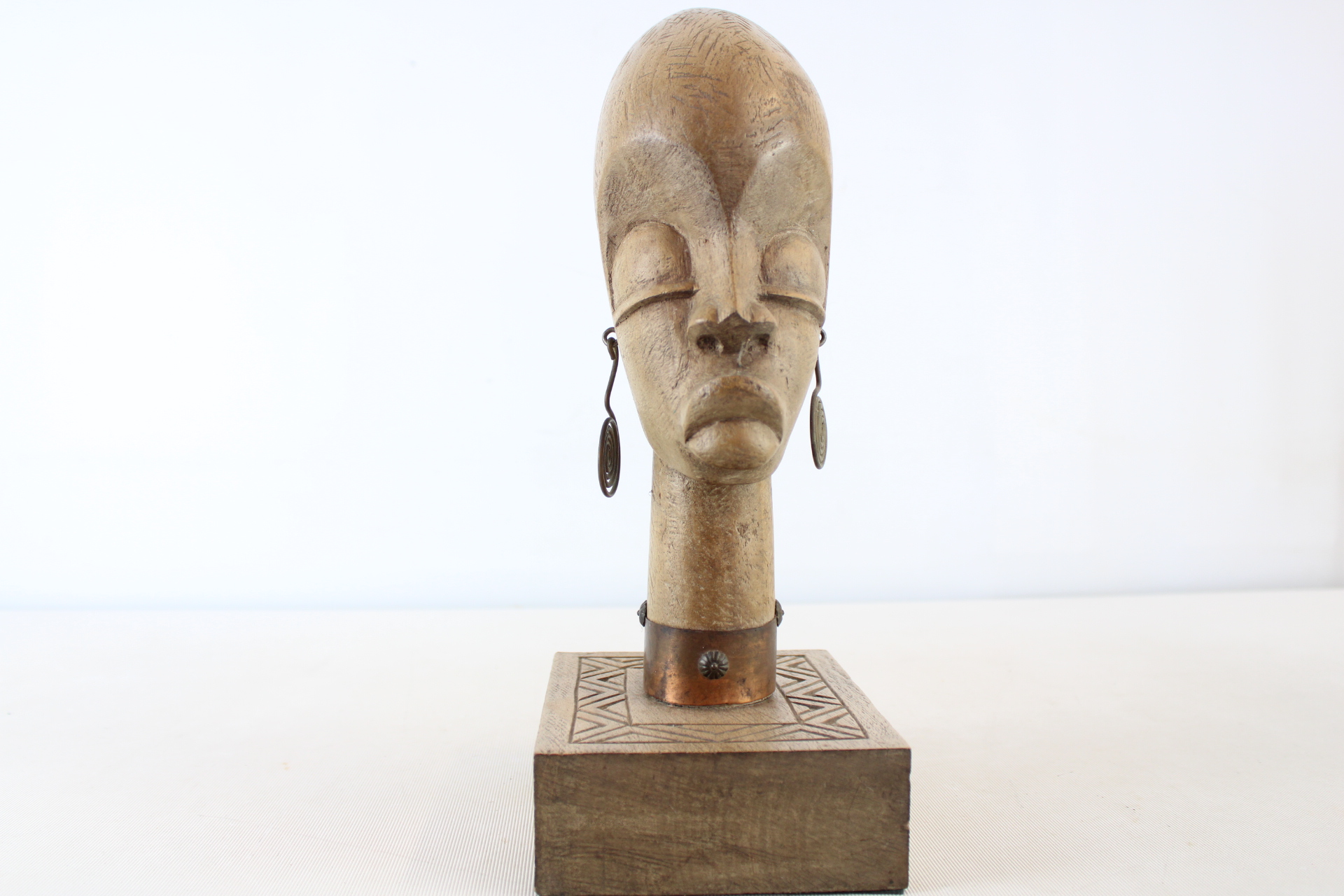 Hand Carved Haitian Wooden Bust with Mixed Media Accents