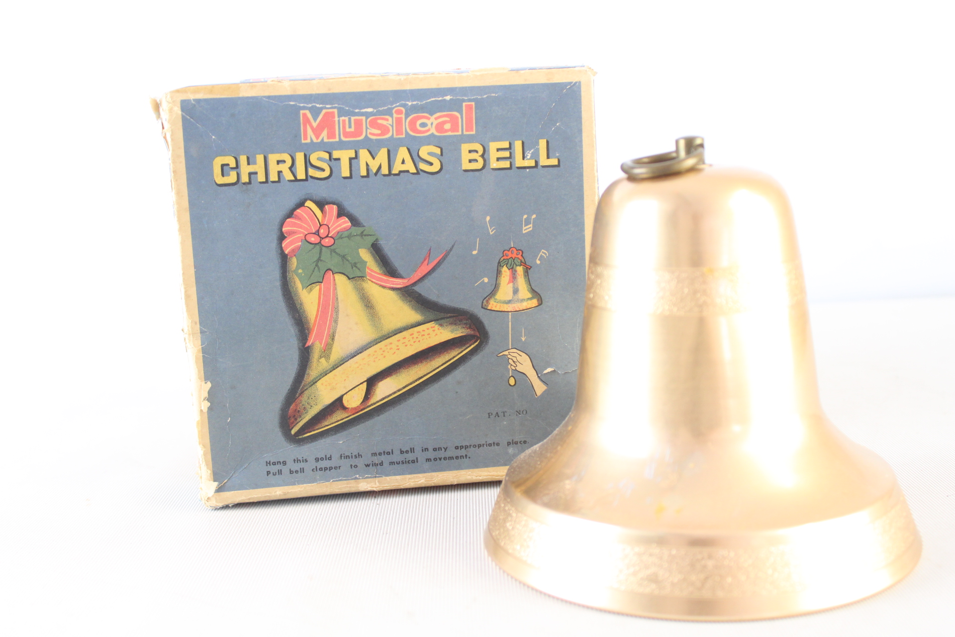 Vintage Gold Tone Metal Pull String Musical Christmas Bell in Original Box