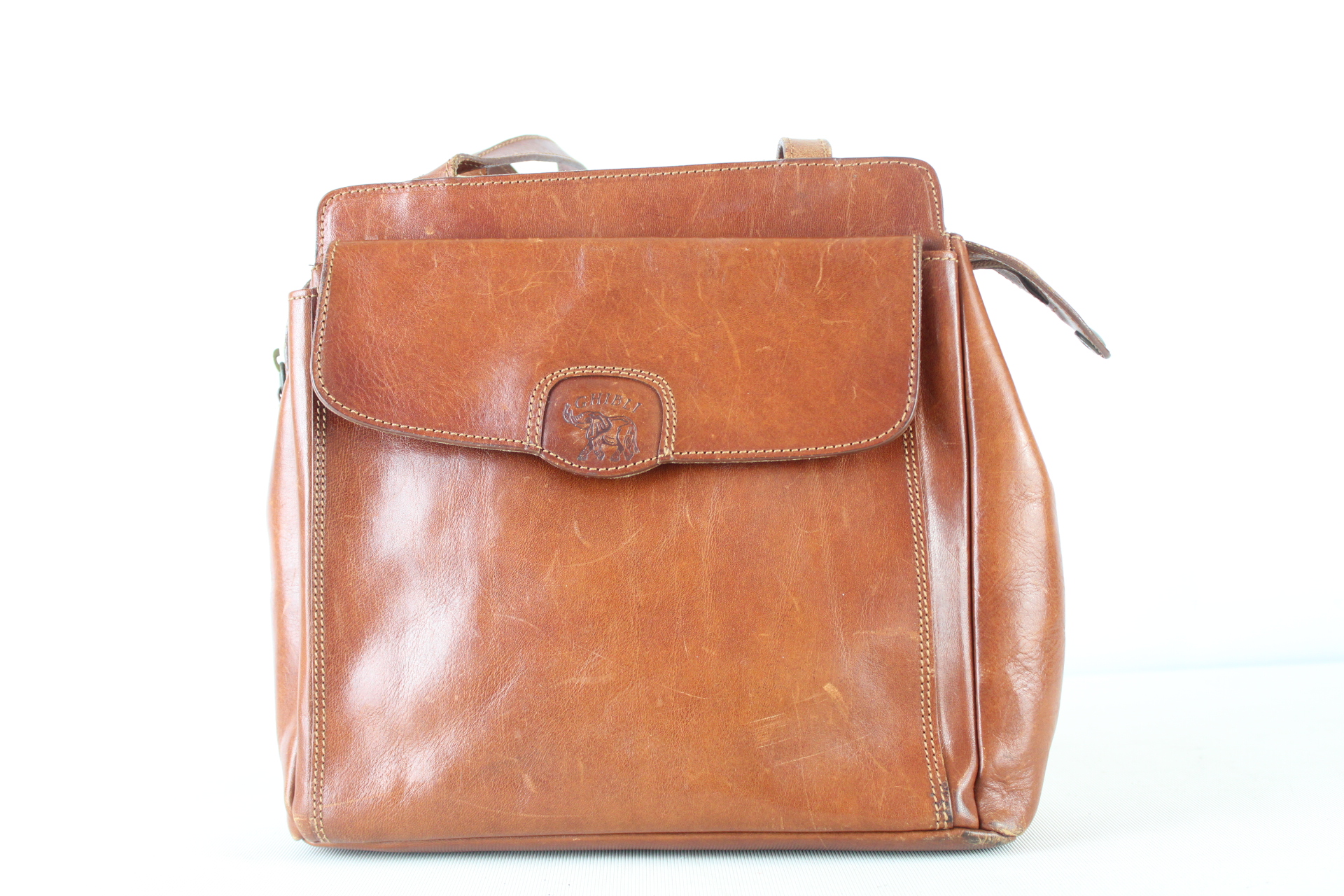 Ghibli Italian Brown Leather Tote Bag with Elephant Logo Patch
