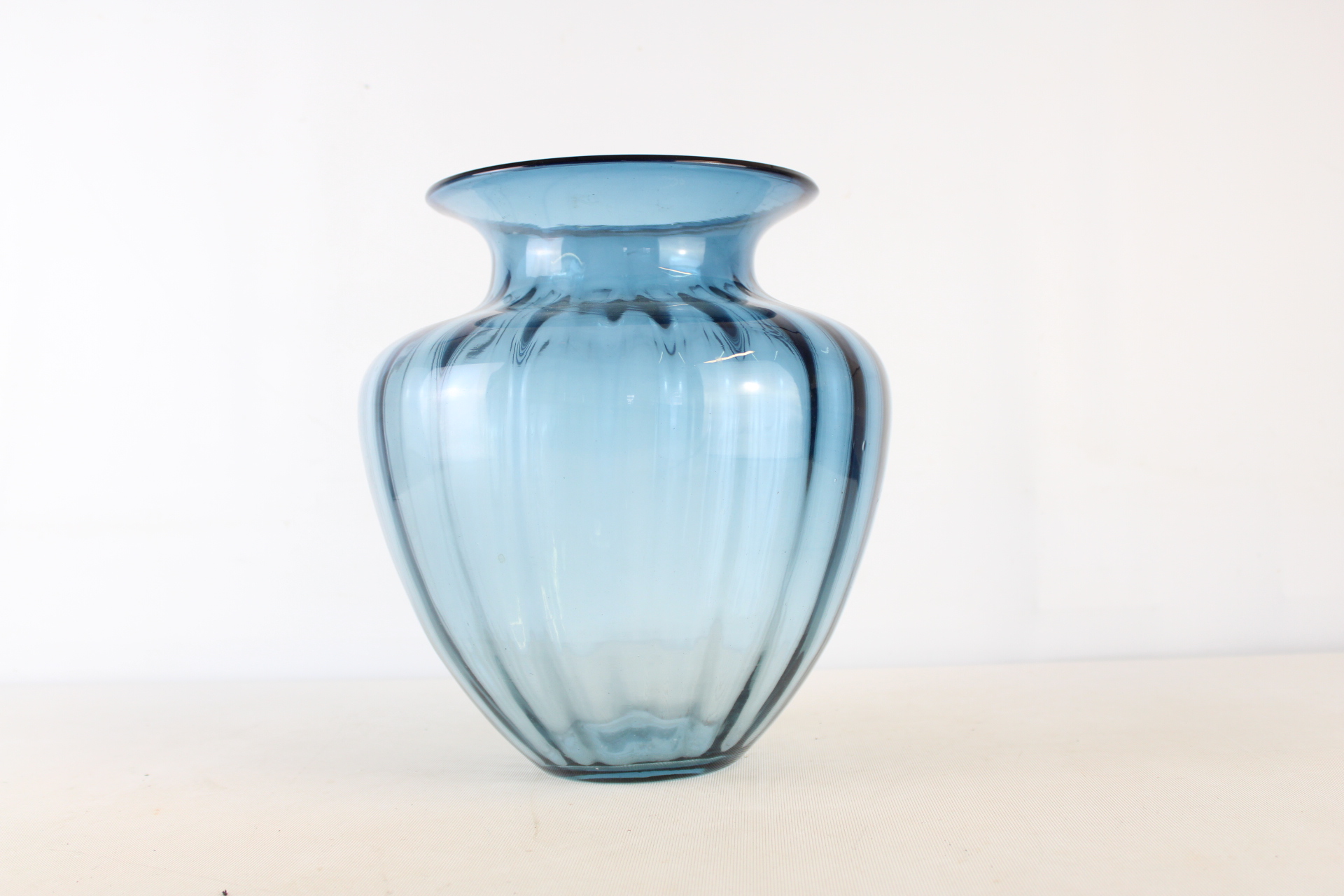Mid-Century Modern Blue Optic Ribbed Blown Glass Vase