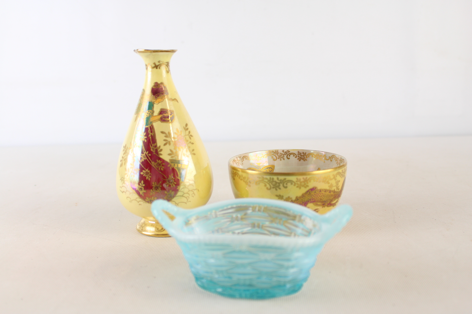 Three English Decorative Items including Fielding's Crown Devon Lustrine Ceramics and Blue Opalescent Glass - 1 A.F