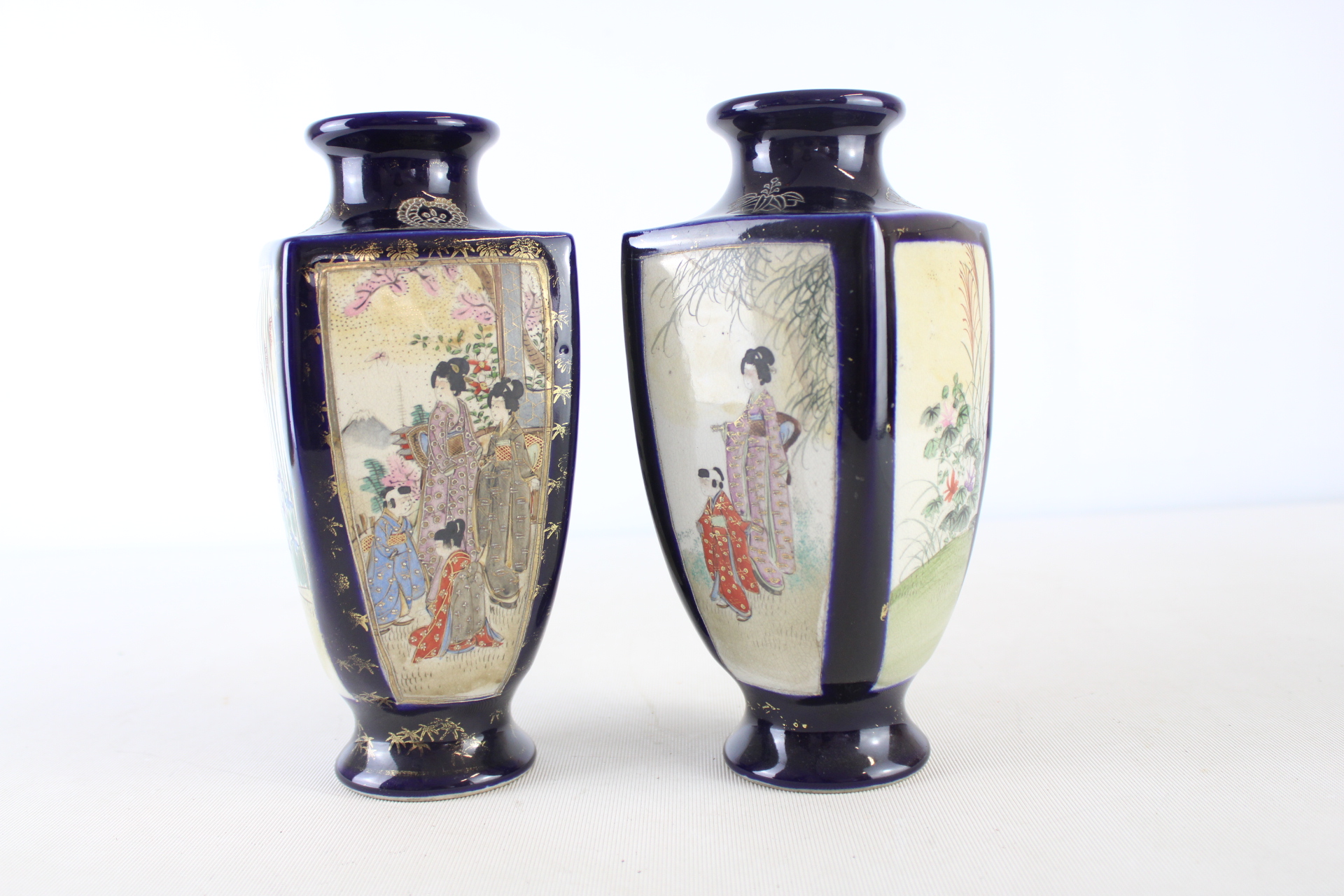 A Pair of Japanese Meiji Period Nanzan Satsuma Cobalt Blue Vases
