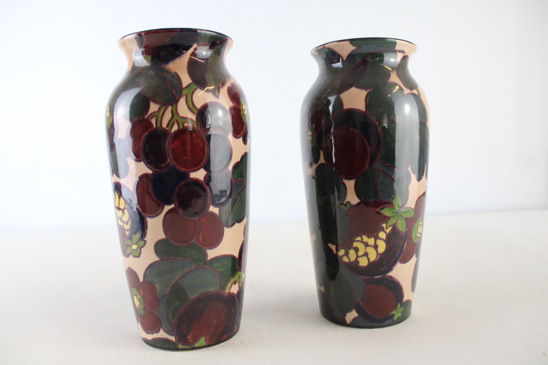 A Pair of Tuscan Plant Faience Art Deco Fruit Pattern Pottery Vases
