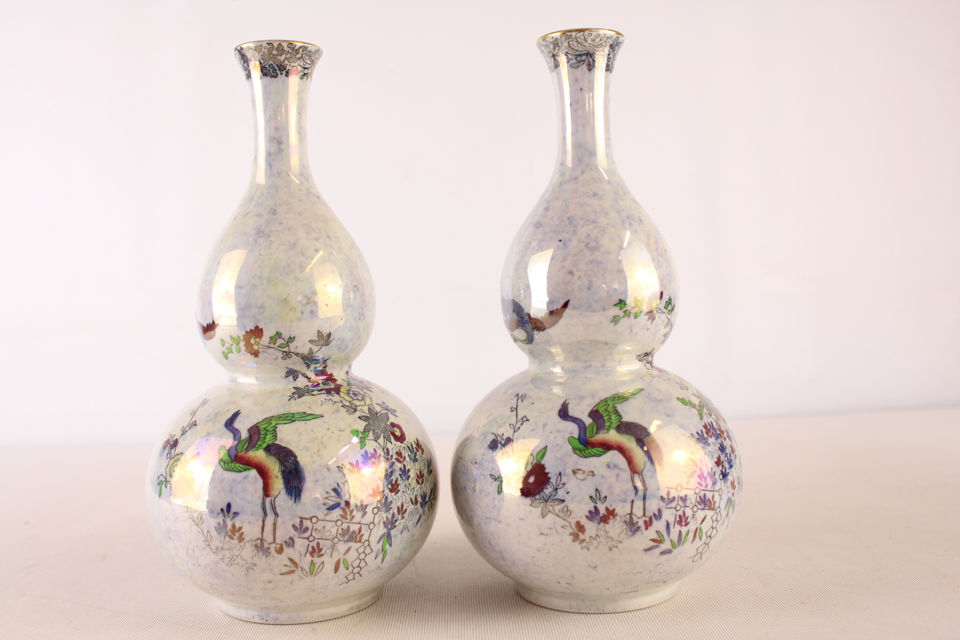 A Pair of Milton Ware Hand-Painted Luster Double-Gourd Vases