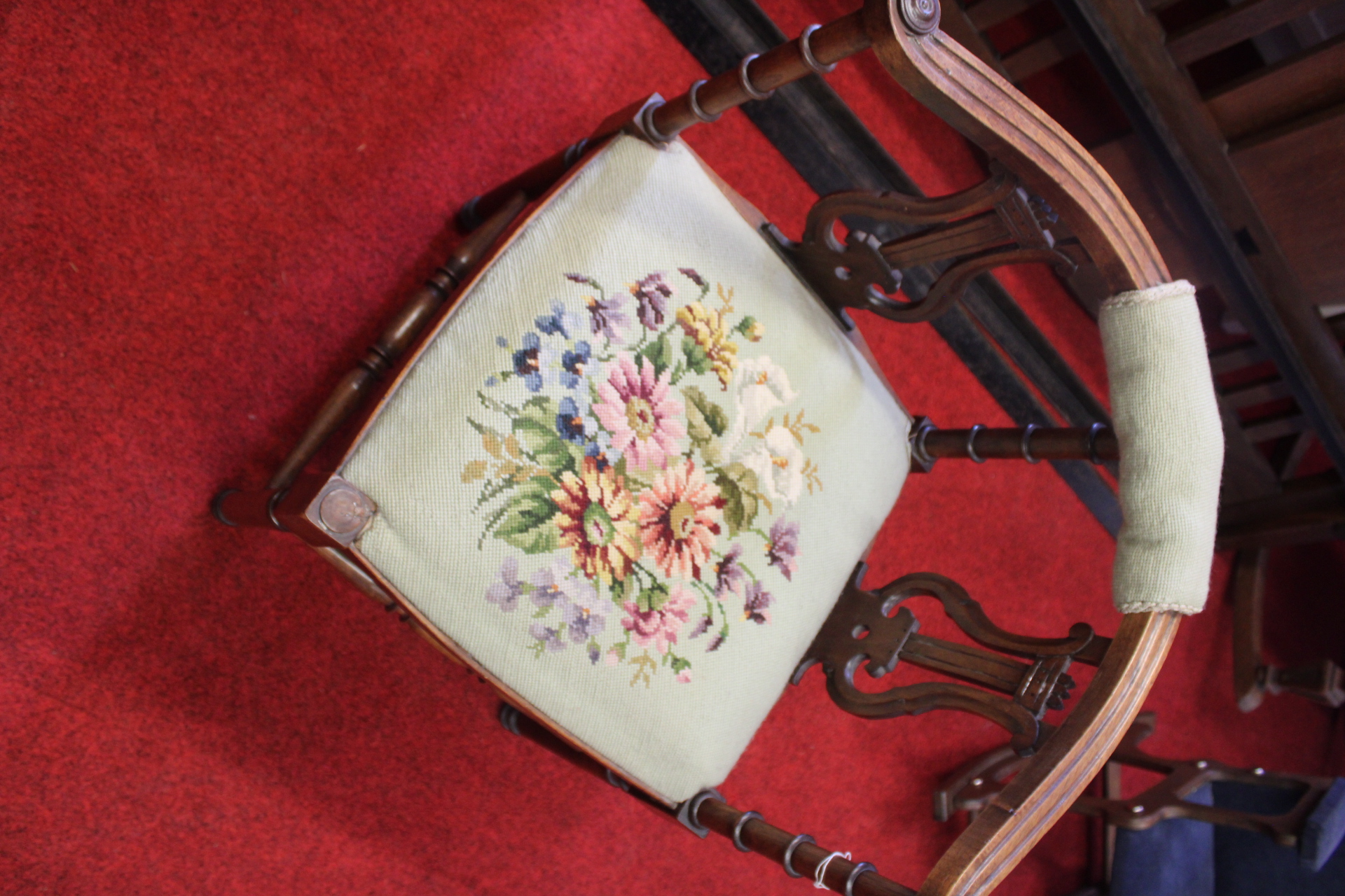 Victorian Style Walnut Armchair with Floral Needlepoint Upholstery
