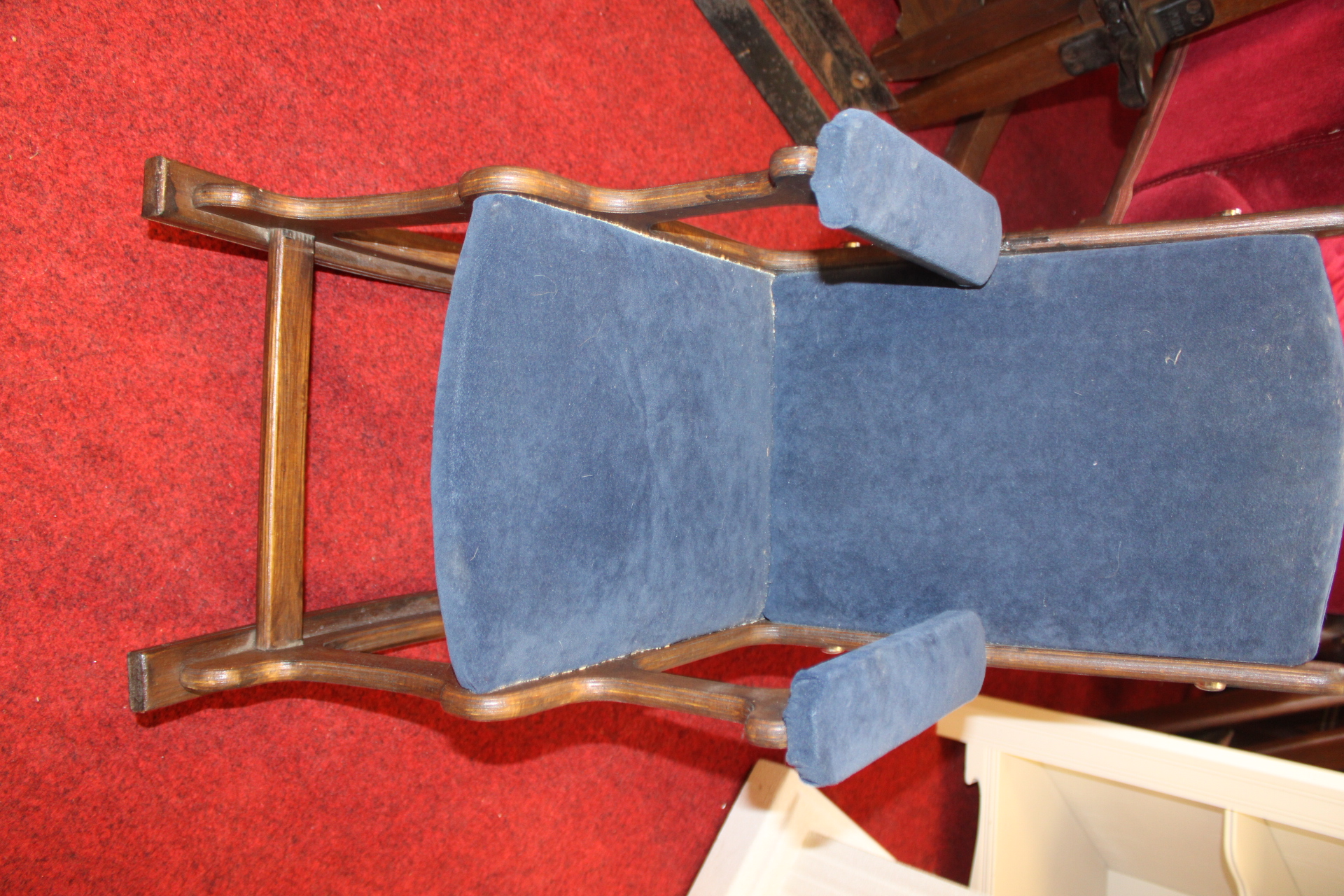 American Victorian Dark Stained Wood and Blue Velvet Platform Rocking Chair