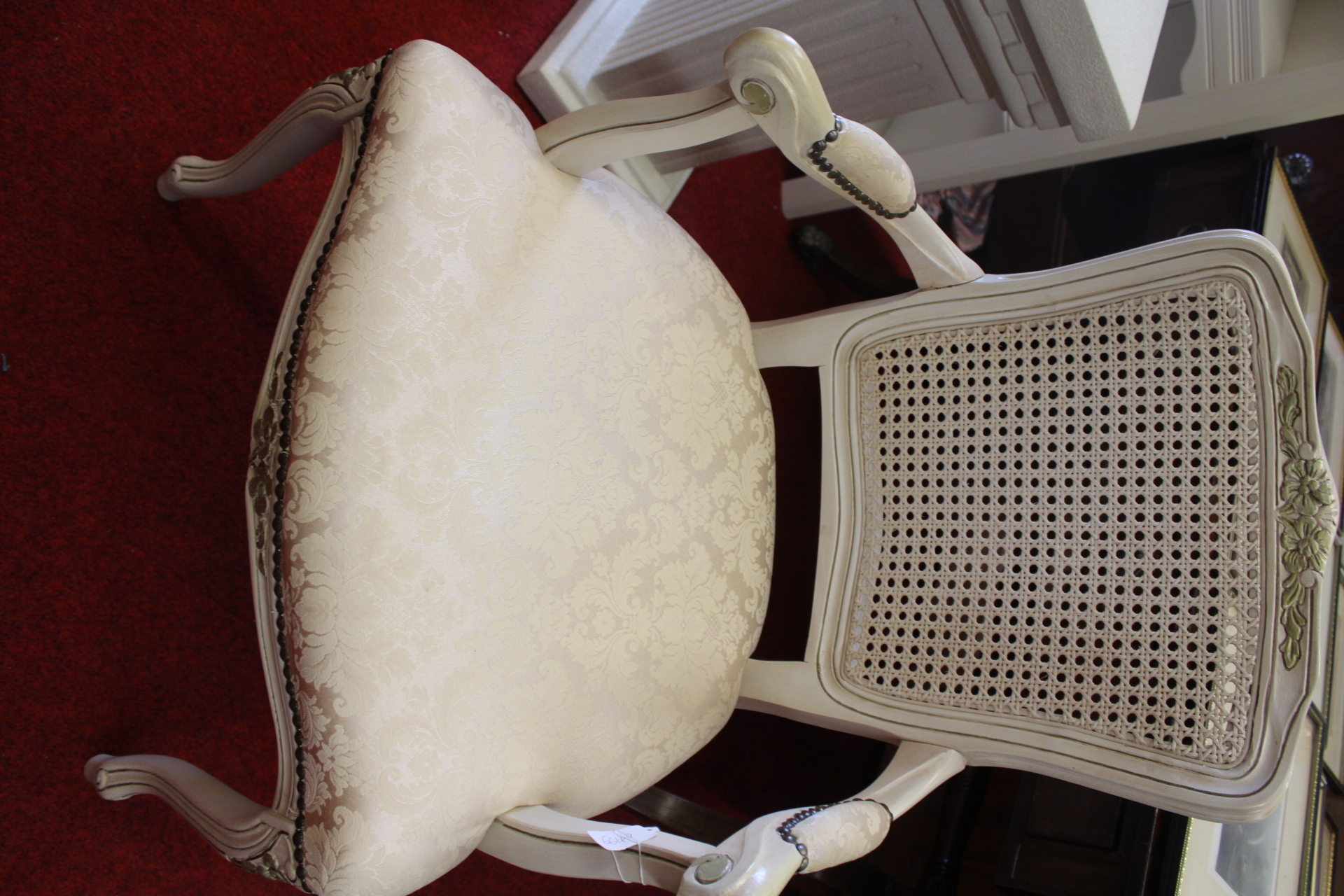 Louis XV Style Antiqued White Painted and Caned Armchair with Damask Upholstery