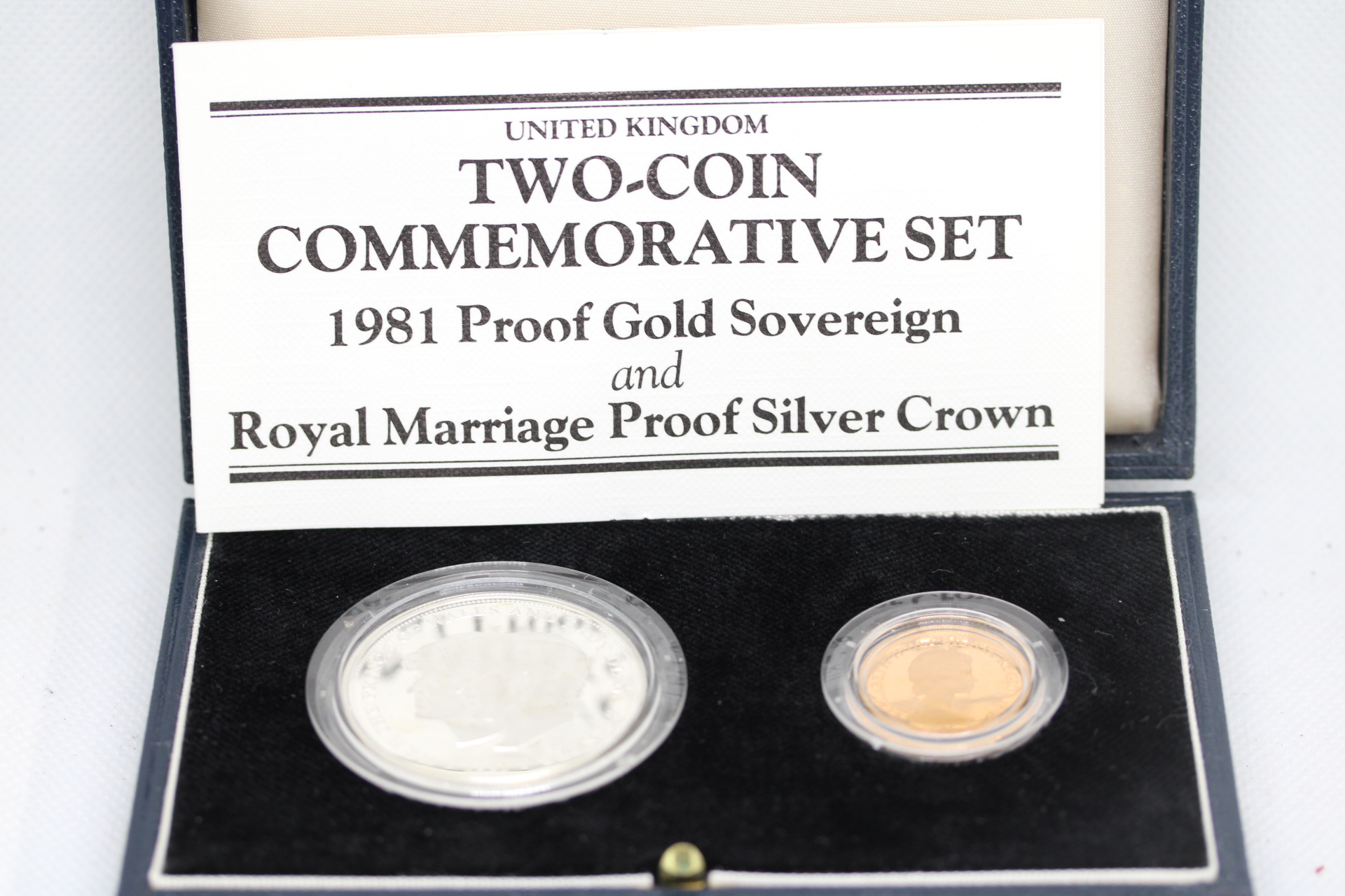 A Pair of 1981 UK Commemorative Proof Coins Gold Sovereign and Royal Marriage Silver Crown - No viewing available