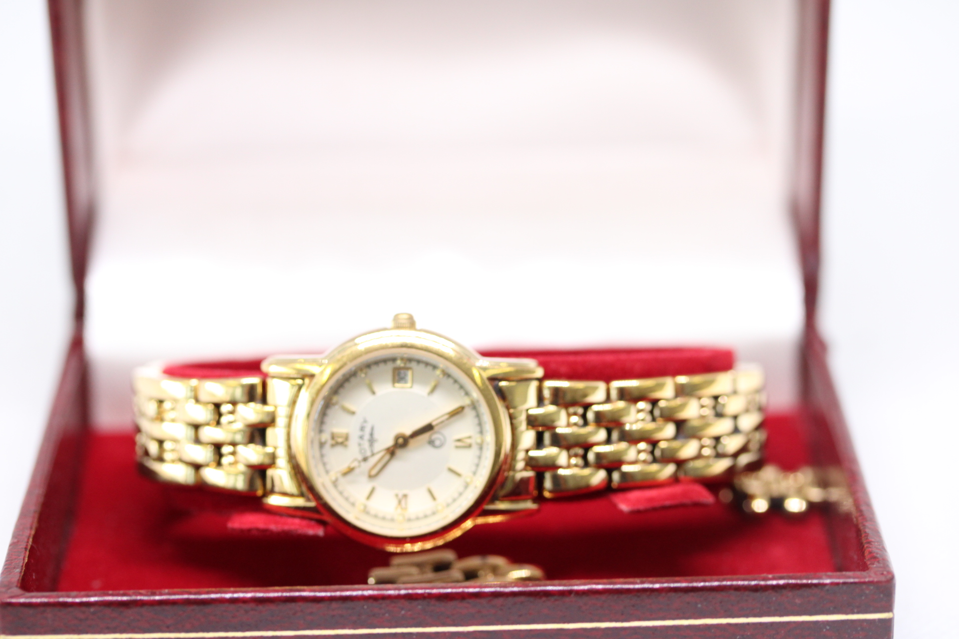 Ladies Gold Plated Rotary Bracelet Watch in Box with Spare Links.