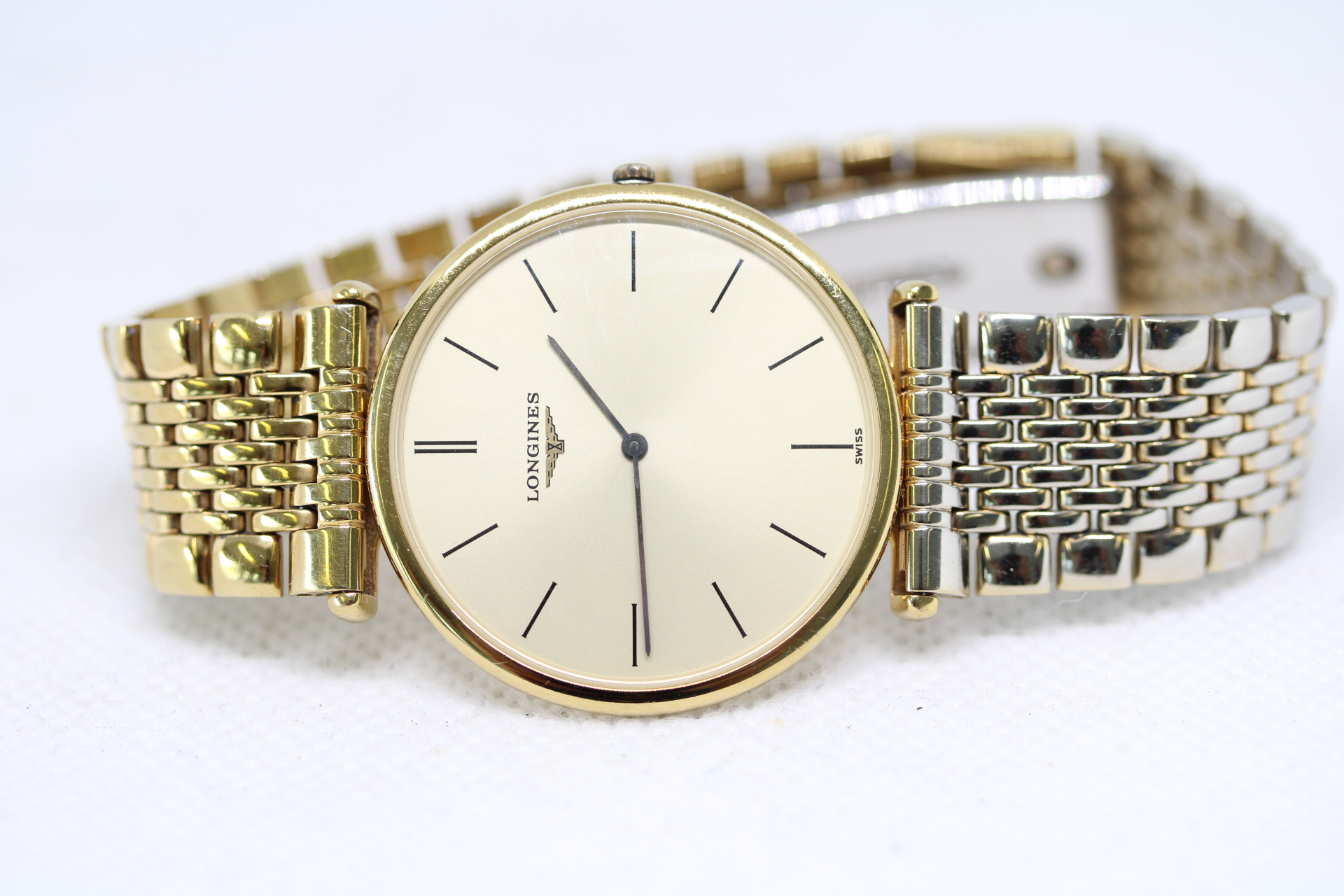 Gents Gold Plated Longines L4 635 2 La Grande Classique Swiss Made Quartz Watch on Gold Plate and Steel Longines Bracelet.