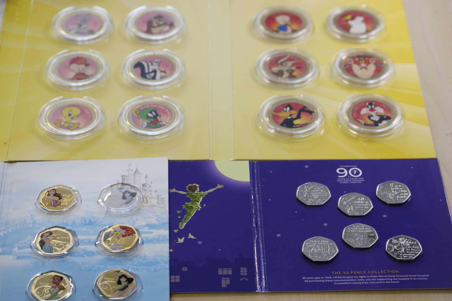 Looney Tunes offical medal collection, Disney princesses coin collection & Peter pan 50p coin collection